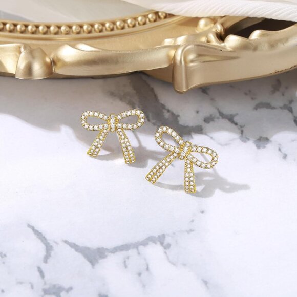 Elegant Gold-tone Cubic Zirconia Bowknot Stud Earrings for Women, Bridal & Daily - Picture 4 of 6
